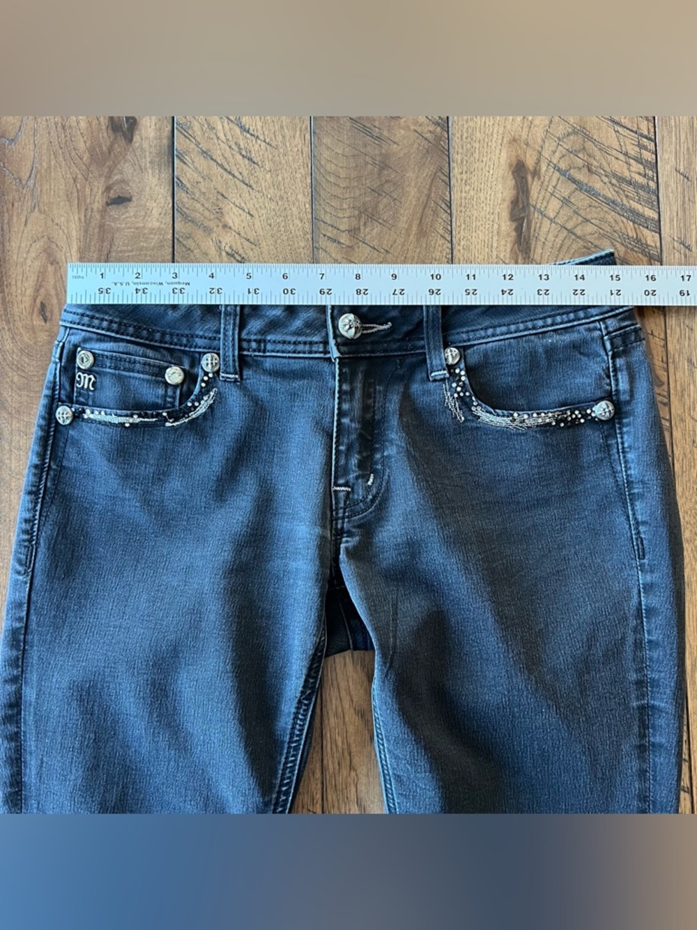 Miss Me Skinny Bling Jeans Women’s 29 Low Rise Faded Black Stretch 30” Inseam - Picture 9 of 14